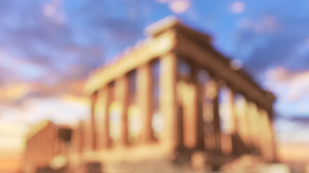Greece Background For PowerPoint With A Blurred Parthenon Under A Blue Sunset Sky