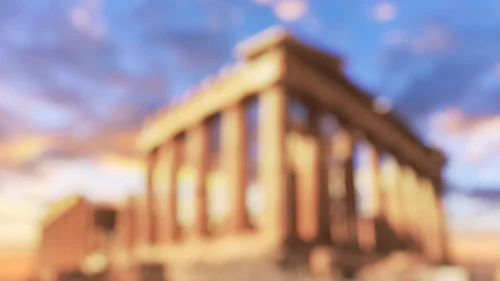 Greece Background For PowerPoint With A Blurred Parthenon Under A Blue Sunset Sky