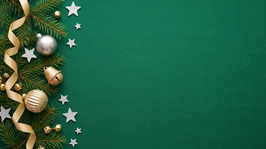 Green Christmas Background for PowerPoint with Gold Ribbon, Silver Baubles and Stars