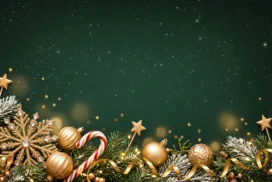 Green Christmas Frame Background for PowerPoint with Gold Baubles, Candy Cane and Starry Sky