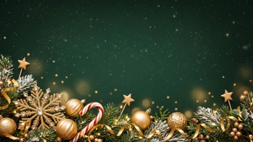 Green Christmas frame background for PowerPoint with a bottom garland of frosted fir, gold baubles, a glitter snowflake and candy cane under a starry green sky