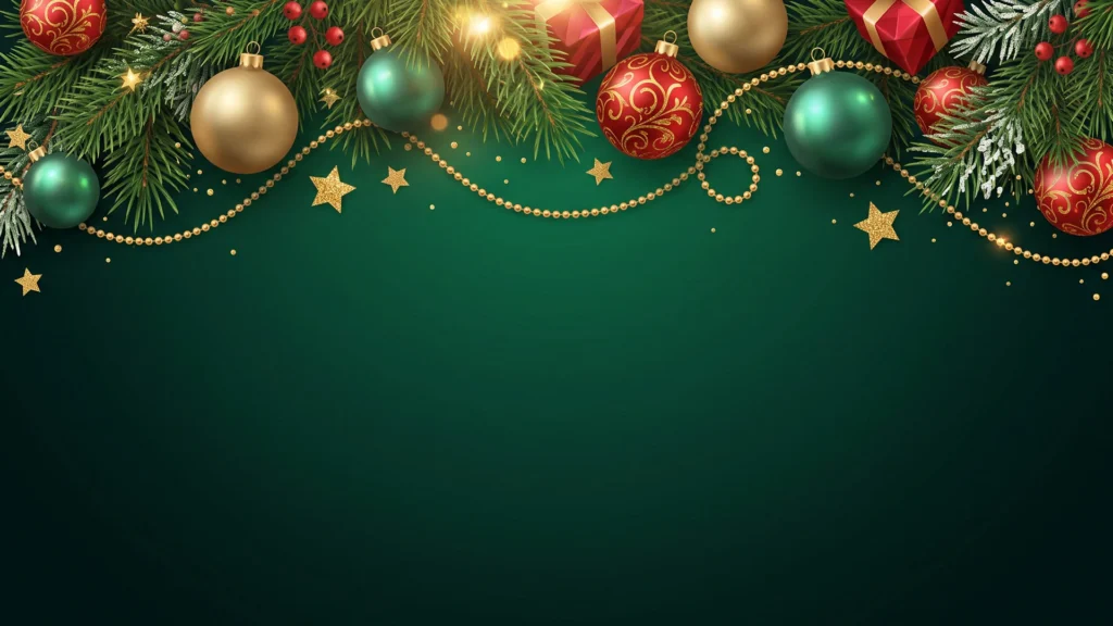 Christmas Border Background For PowerPoint With Gold And Red Ornaments On Dark Green