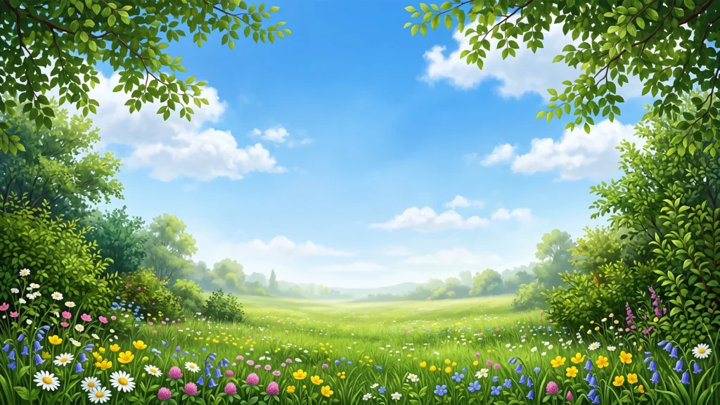 Spring Landscape Background for PowerPoint with a Wildflower Meadow and Leafy Branch Corners
