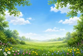 Spring Landscape Background for PowerPoint with a Wildflower Meadow and Leafy Branch Corners