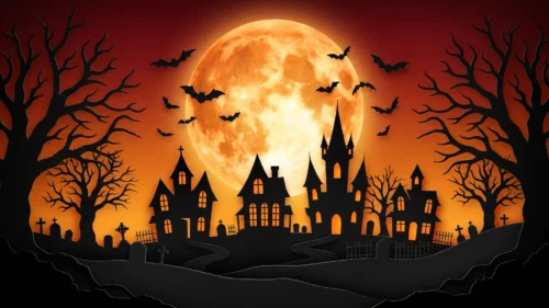 Halloween Background for PowerPoint with Haunted Houses and Orange Moon