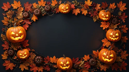 Halloween Pumpkins Frame Background for PowerPoint with Autumn Leaves and Black Oval Center Halloween Pumpkins Frame Background for PowerPoint with Autumn Leaves and Black Oval Center