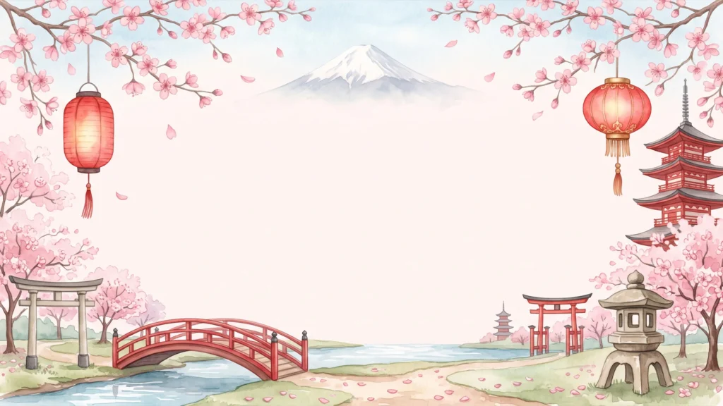 Japan Cherry Blossom Background for PowerPoint with Mount Fuji, a Red Arched Bridge, Torii Gates and a Pagoda