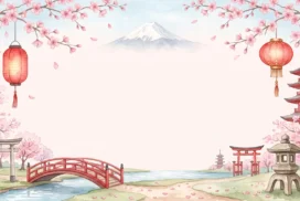 Japan Cherry Blossom Background for PowerPoint with Mount Fuji, a Red Arched Bridge, Torii Gates and a Pagoda