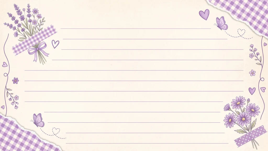 Lavender Lined Paper Background For Google Slides With Gingham Corners And Washi Tape