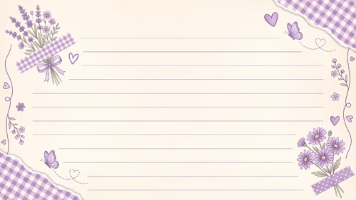 Lavender lined paper background for Google Slides with purple rules on cream paper, gingham torn corners, a lavender bundle with washi tape, daisies and butterflies