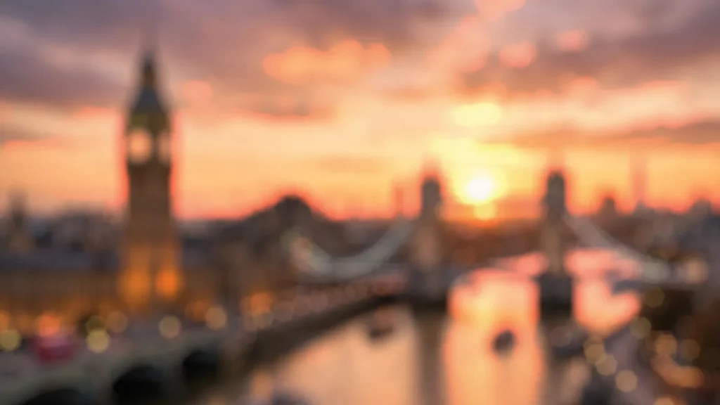 London Background for PowerPoint with Blurred Big Ben, Tower Bridge and Thames Sunset