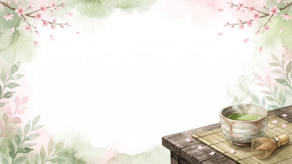 Matcha Tea Frame Background for PowerPoint with a Steaming Bowl, Bamboo Whisk and Cherry Blossom Branches