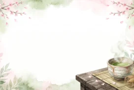 Matcha Tea Frame Background for PowerPoint with a Steaming Bowl, Bamboo Whisk and Cherry Blossom Branches