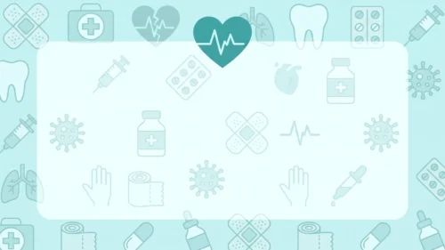Medical background for PowerPoint with a teal heartbeat icon, faded health icon border and a white panel