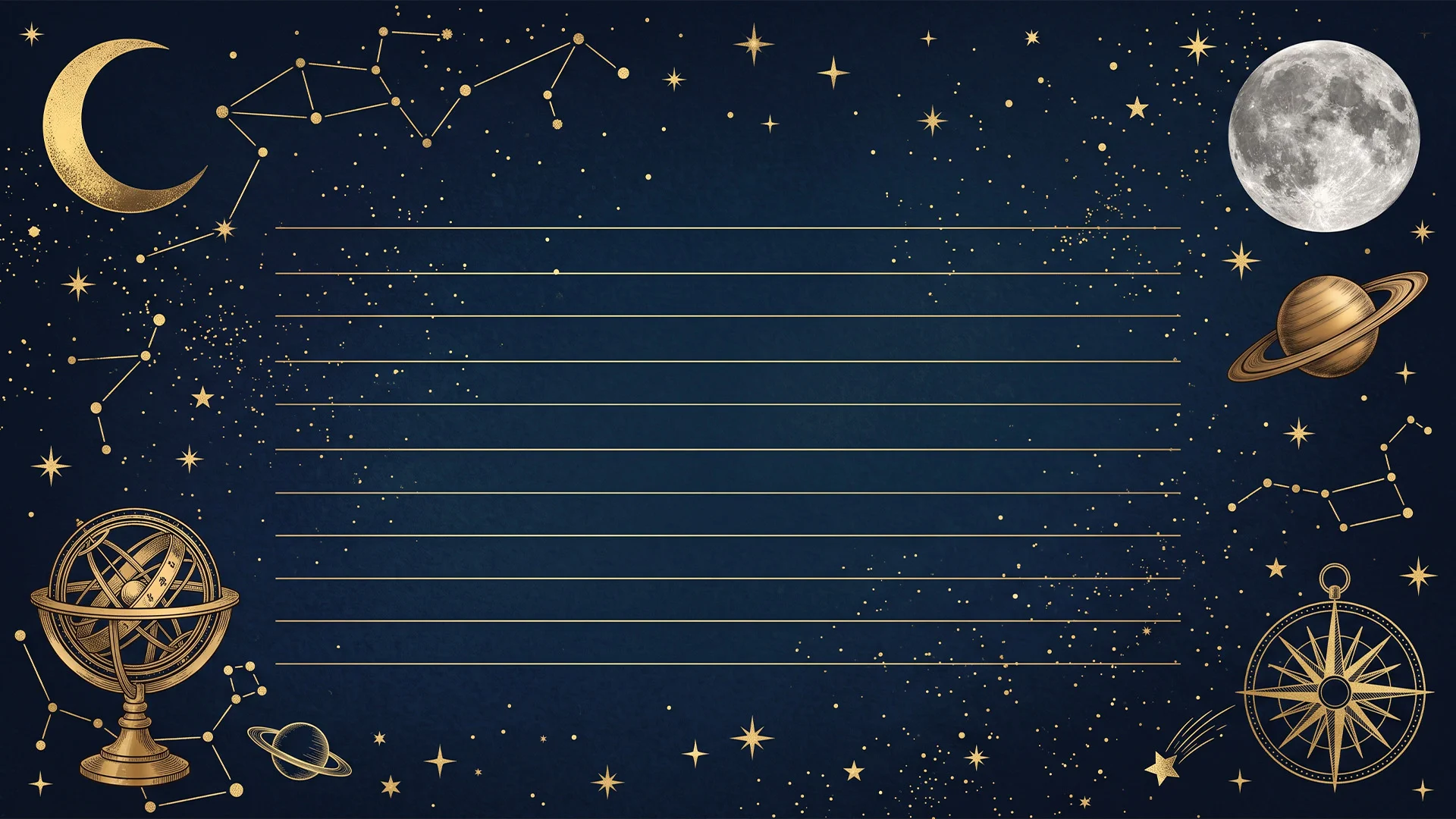 Space lined paper background for Google Slides with a navy night sky, gold constellations, moon, Saturn and armillary sphere around ruled lines