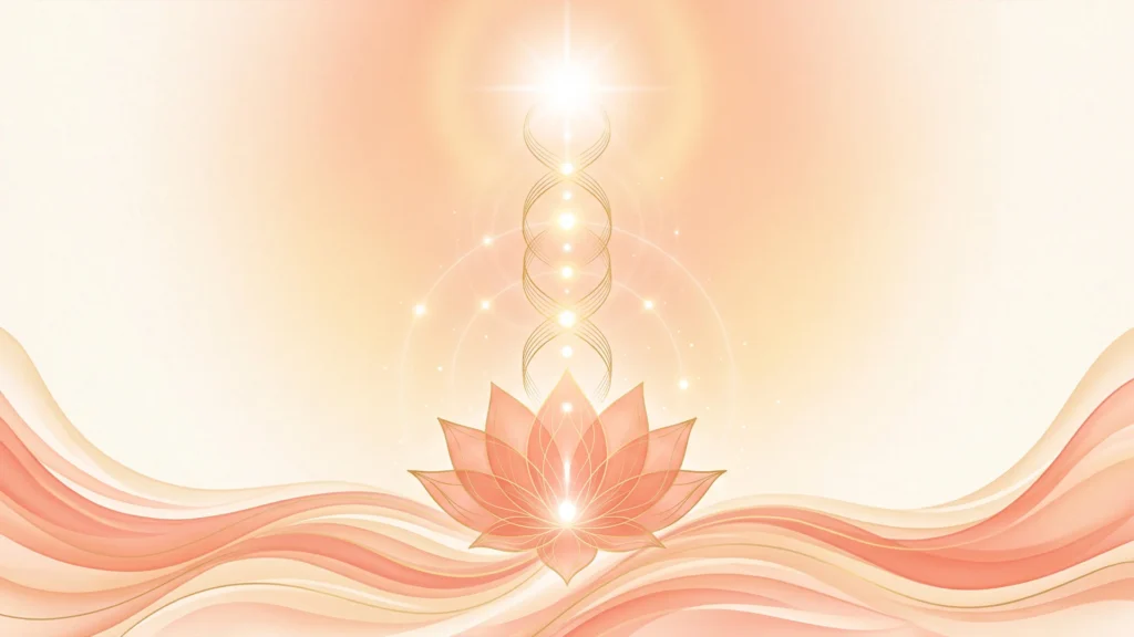 Spiritual Lotus Background for PowerPoint with a Peach Lotus, Glowing Chakra Column and Silk Waves