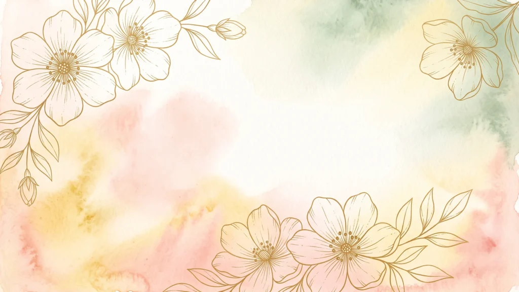 Watercolor Floral Background For PowerPoint With Peach And Sage Washes And Gold Outline Blossoms