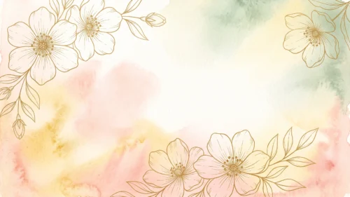Watercolor floral background for PowerPoint with peach, blush, mustard and sage washes and gold outline blossoms in the corners and along the bottom