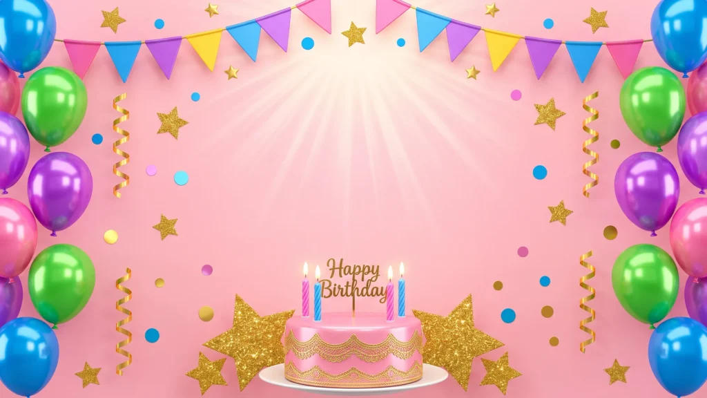 Birthday Background For PowerPoint With A Pink Cake, Glitter Stars And Balloon Walls