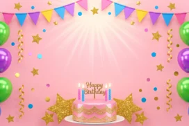Birthday Background For PowerPoint With A Pink Cake, Glitter Stars And Balloon Walls