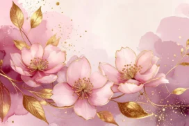 Pink Gold Floral Background for PowerPoint with Gold-Rimmed Blossoms and Mauve Watercolor