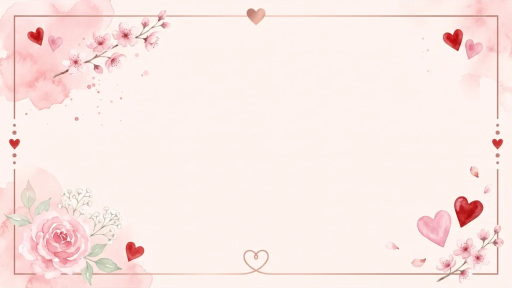 Pink Hearts Frame Background for PowerPoint with a Rose Gold Line Border and Watercolor Rose