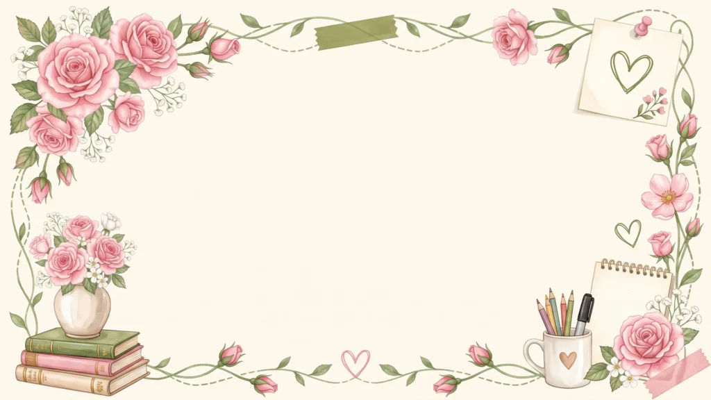 Pink Roses Frame Background for PowerPoint with a Vine Border, Stacked Books and a Pencil Mug