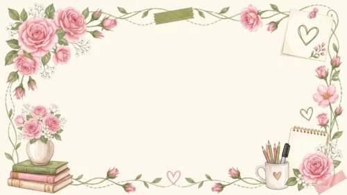 Pink Roses Frame Background for PowerPoint with a Vine Border, Stacked Books and a Pencil Mug Pink Roses Frame Background for PowerPoint with a Vine Border, Stacked Books and a Pencil Mug