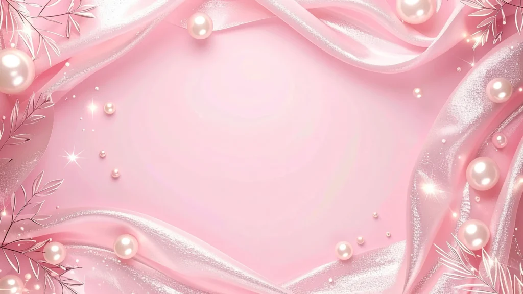 Pink Silk Pearls Background for PowerPoint with Satin Folds and Silver Crystal Leaves