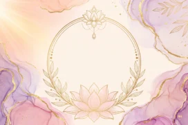 Purple Lotus Frame Background for PowerPoint with a Gold Circle Wreath and Pink Ink Marble Corners