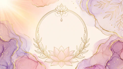 Purple Lotus Frame Background for PowerPoint with a Gold Circle Wreath and Pink Ink Marble Corners Purple Lotus Frame Background for PowerPoint with a Gold Circle Wreath and Pink Ink Marble Corners