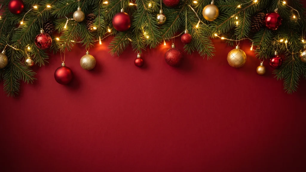 Red Christmas Background For Google Slides With A Fir Garland, Fairy Lights And Gold Baubles