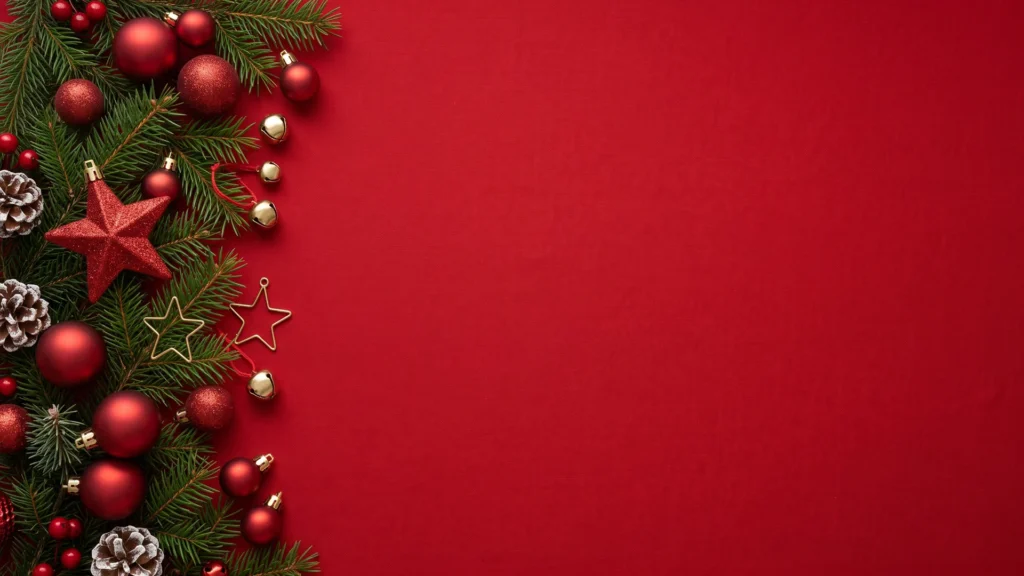 Red Christmas Background for PowerPoint with a Pine Garland Border, Pinecones and Wire Stars on the Left