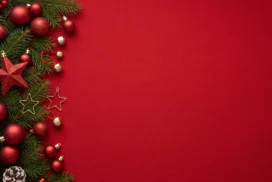 Red Christmas Background for PowerPoint with a Pine Garland Border, Pinecones and Wire Stars on the Left