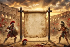 Roman Gladiator Background for PowerPoint with Colosseum Duel and Blank Scroll