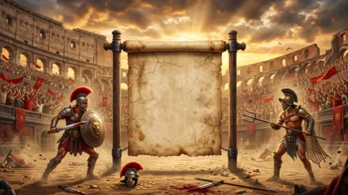 Roman Gladiator Background for PowerPoint with Colosseum Duel and Blank Scroll