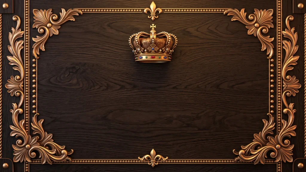 Royal Wood Crown Ornate Frame Background for PowerPoint with Gold Filigree Corners