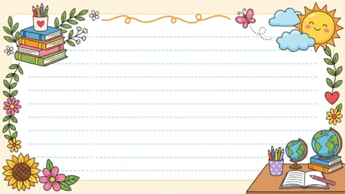 School PowerPoint background for kids with dashed handwriting lines, a stack of books, sunflower, smiling sun and a desk with globes and an open book