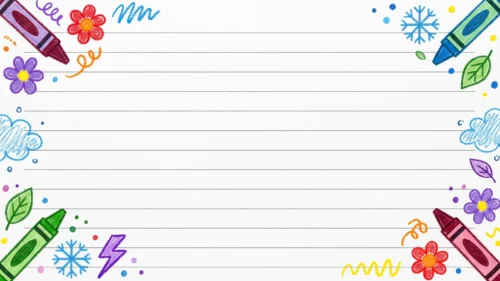 School notebook background for PowerPoint with ruled lines on white paper, colorful crayons in each corner and hand-colored flowers and snowflakes