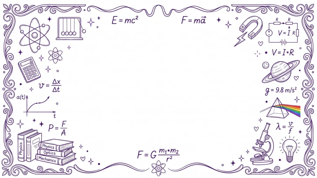 Science School Frame Background for PowerPoint with Purple Physics Doodles and an Ornate Scroll Border