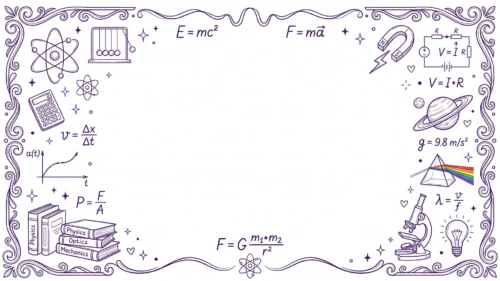 Science School Frame Background for PowerPoint with Purple Physics Doodles and an Ornate Scroll Border