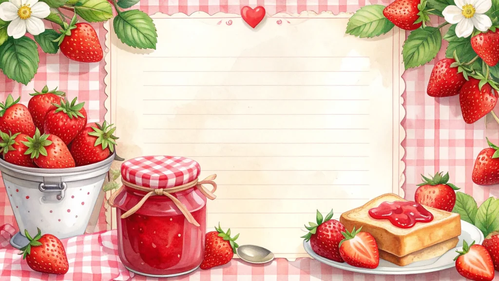 Strawberry Recipe Frame Background for PowerPoint with Jam Jar and Pink Gingham