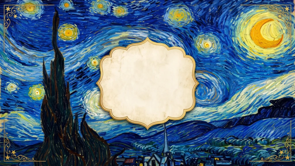 Starry Night Frame Background for PowerPoint with Van Gogh Swirls and a Parchment Label