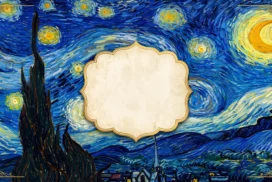 Starry Night Frame Background for PowerPoint with Van Gogh Swirls and a Parchment Label