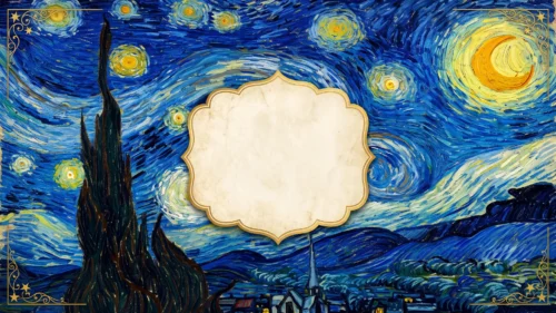 Starry Night Frame Background for PowerPoint with Van Gogh Swirls and a Parchment Label Starry Night Frame Background for PowerPoint with Van Gogh Swirls and a Parchment Label
