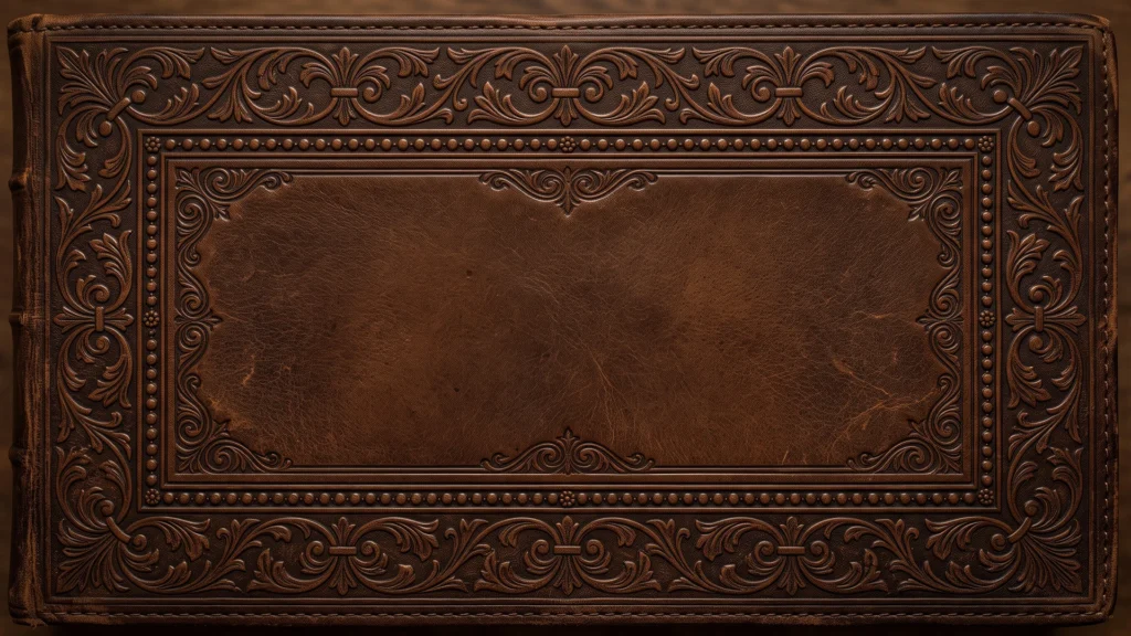 Vintage Carved Leather Frame Background for PowerPoint with Embossed Scroll Borders