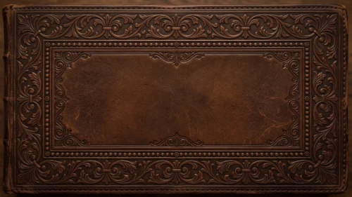 Vintage carved leather frame background for PowerPoint with brown embossed scroll borders around a smooth center panel