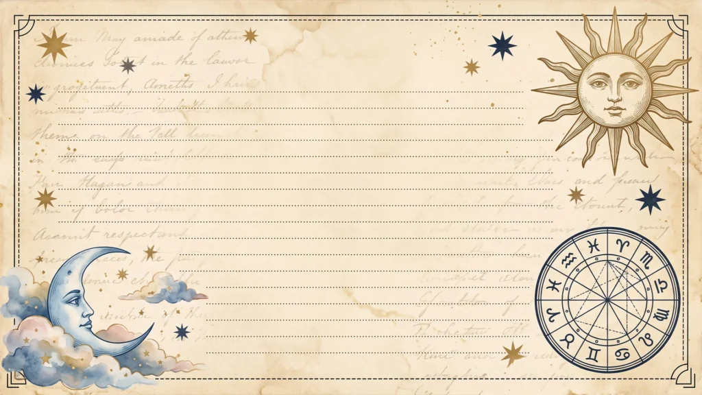 Vintage Celestial Background for PowerPoint with a Sun Face, Crescent Moon and Zodiac Wheel