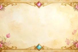 Vintage Gold Frame Background for PowerPoint with Pink Blossoms and Aqua Gem on Stained Parchment