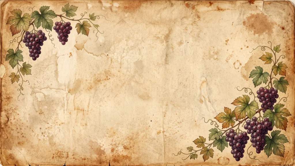 Vintage Grapes Paper Background for PowerPoint with Worn Torn Edges and Two Vine Sprigs